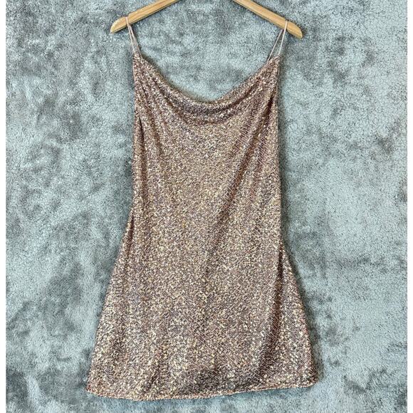 Asos Sequin Cami Mini Dress Cowl Neck Bronze Blush Pink Neutral 6 Tall 6T - Picture 2 of 11